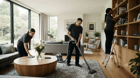An animated illustration of a mopt cleaner tidying a living room